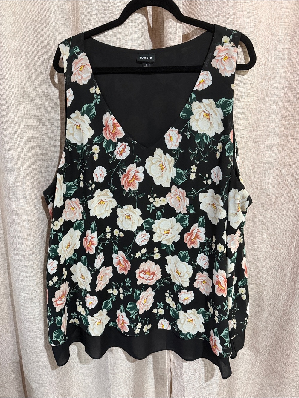 torrid Black Floral V-Neck Camisole with Cream & Pink Blooms